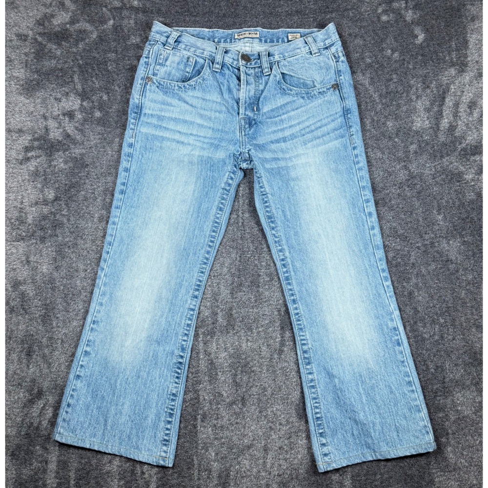 Mek Denim Barclay Bootcut Jeans Mens 33x26 Light Wash Blue Cotton Flap Pocket